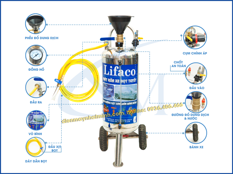 Chi tiết các bộ phận trên bình phun bọt tuyết Lifaco
