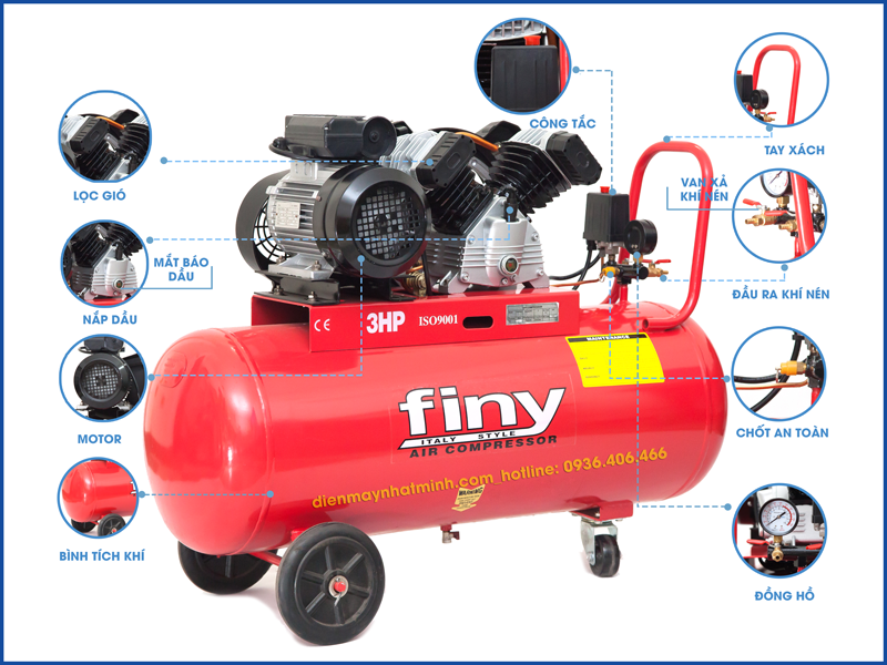 Chi tiết các bộ phận trên máy nén khí finy 100 lít 3hp