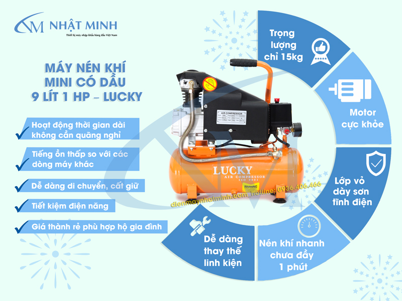Ưu điểm của máy nén khí Lucky 9 lít có dầu 1HP
