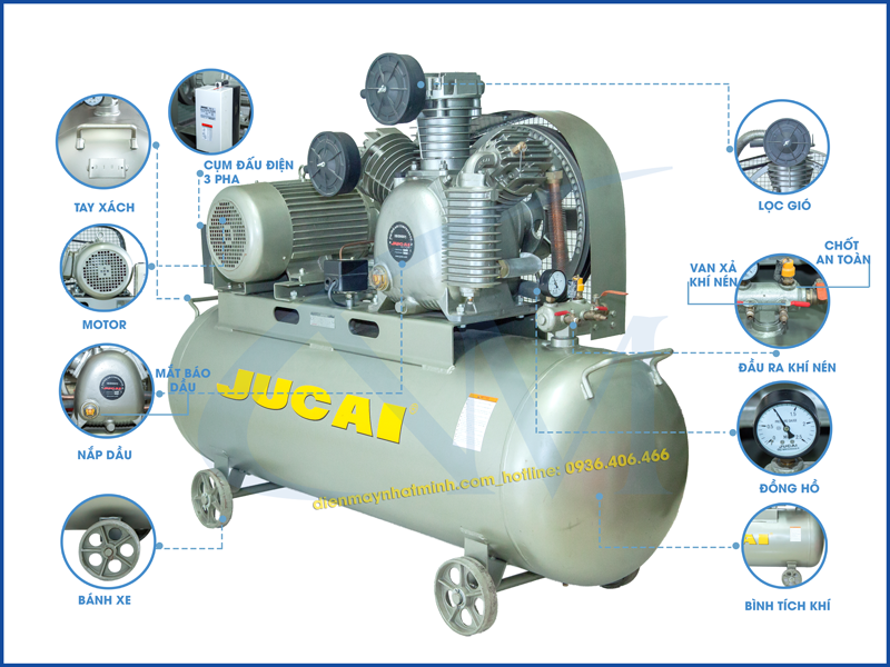Chi tiết các bộ phận máy nén khí piston 300 lít Jucai